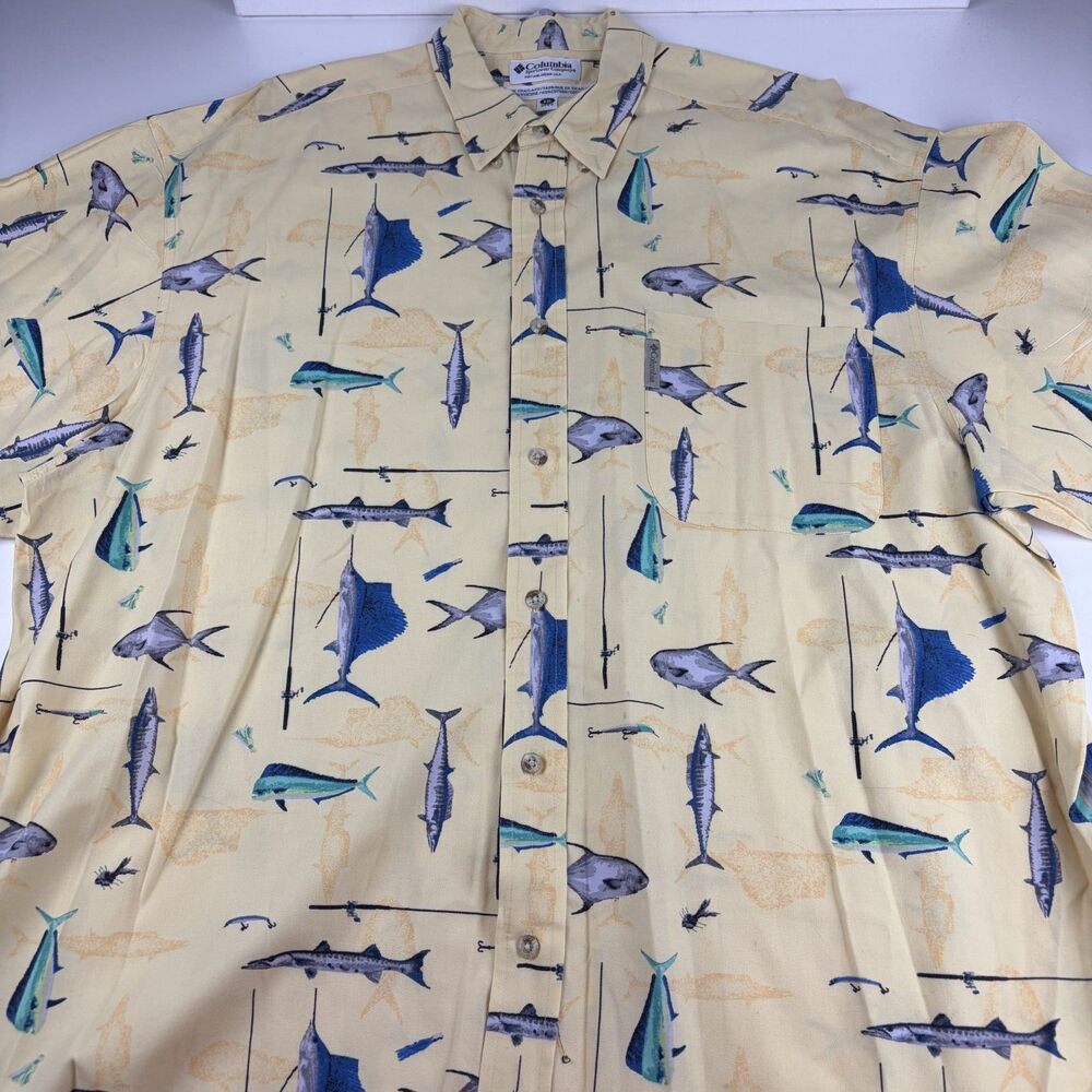 Columbia Mens XXL Fishing Shirt Sailfish Mahi Marlin Print Yellow Button Up